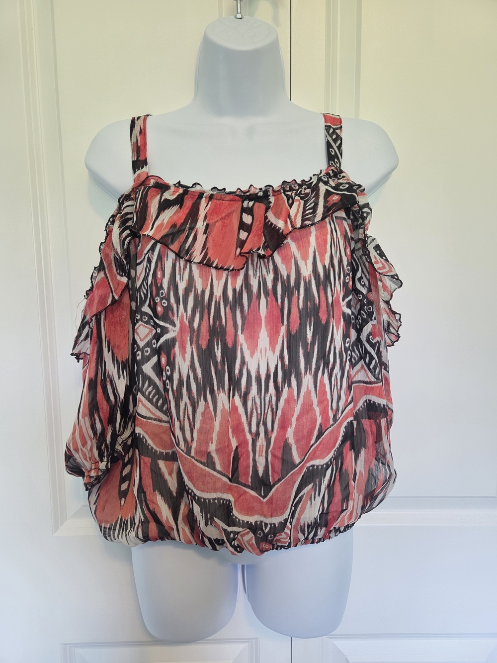 Unique Spectrum Coral and Black Patterned Cold-Shoulder Camisole